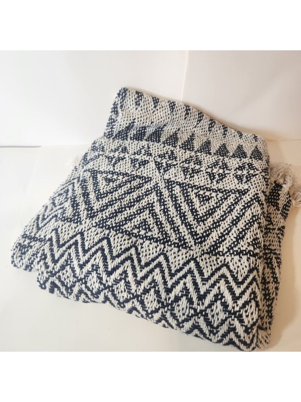 Navy Blue Cream Geometric Aztec Woven Throw Blanket Boho Fringe Accent 55x50